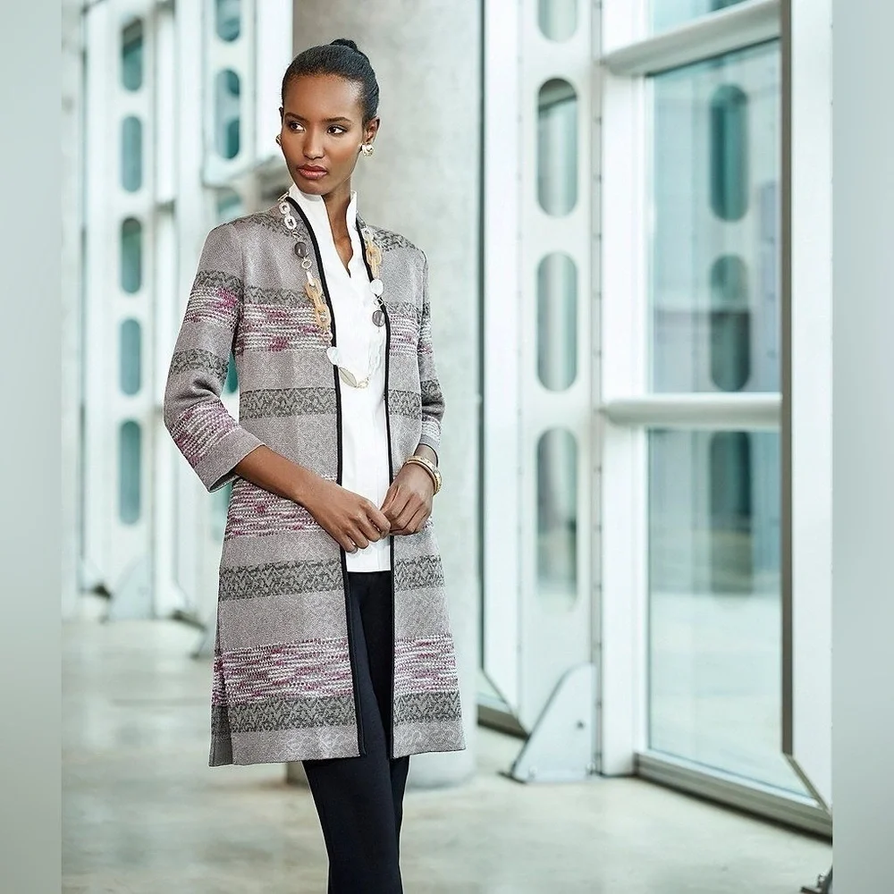 MISOOK INTARSIA KNIT PATTERN DUSTER CARDIGAN JACKET BUSINESS CASUAL BLAZER SZ M